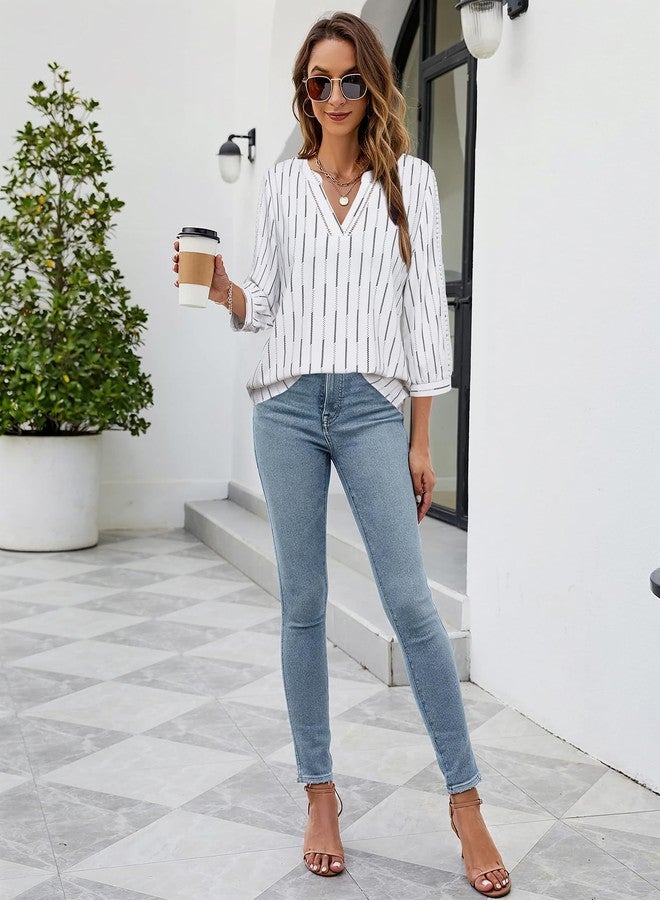 Unixseque Office Blouses for Women for Work V Neck Business Casual Tops Loose Fit Work Shirts Tunic Blouses Top Elegant Flowy Office Shirts Blouse Trendy 2024 Ladies Office Tops Fashion Stripe - Image 5